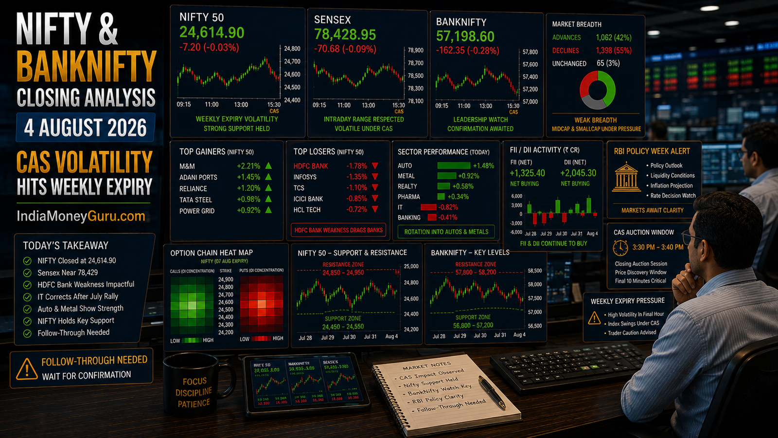 NIFTY BANKNIFTY Closing Analysis 4 August 2026 showing NIFTY near 24,614.90, Sensex near 78,428.95, BANKNIFTY leadership watch, CAS auction volatility, weekly expiry pressure, HDFC Bank weakness, RBI policy week and option-chain analysis.