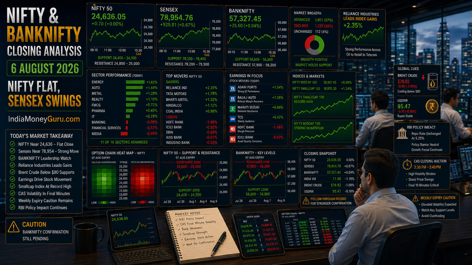 NIFTY BANKNIFTY Closing Analysis 6 August 2026 showing NIFTY near 24,636, Sensex near 78,954.76, BANKNIFTY leadership watch, CAS closing auction volatility, Reliance gains, crude below $80, earnings support and option-chain analysis.