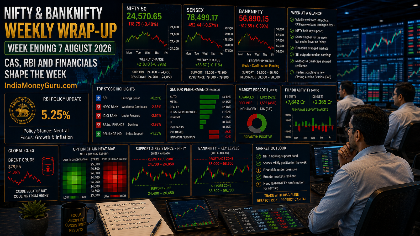 NIFTY BANKNIFTY Weekly Market Wrap-Up 7 August 2026 showing NIFTY at 24,570.65, Sensex at 78,499.17, BANKNIFTY weakness, CAS volatility, RBI rate pause, SBI earnings strength, financial-sector pressure, crude oil movement, FII flows and option-chain analysis.