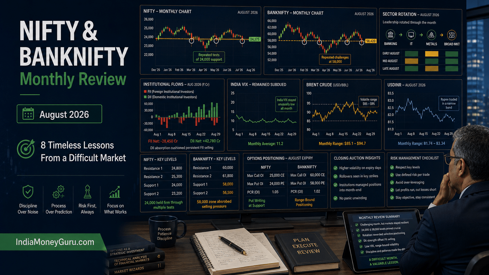 NIFTY & BANKNIFTY Monthly Market Review August 2026 explaining timeless trading lessons from support, sector rotation, FII DII flows and volatility.