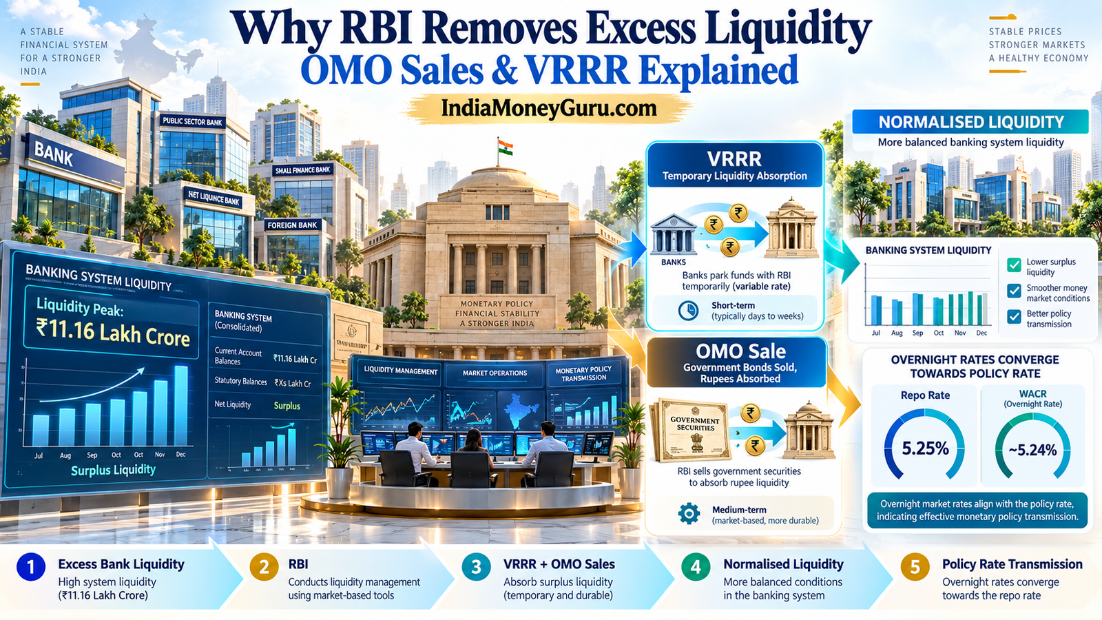 RBI liquidity management explained using OMO sales and VRRR to remove excess banking liquidity.