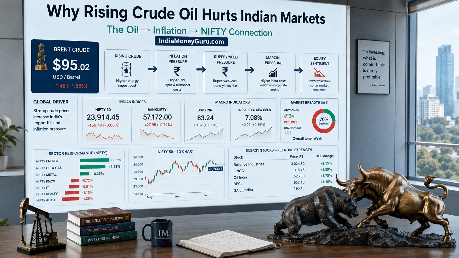 Why rising crude oil hurts the Indian stock market and affects NIFTY, inflation and the rupee.