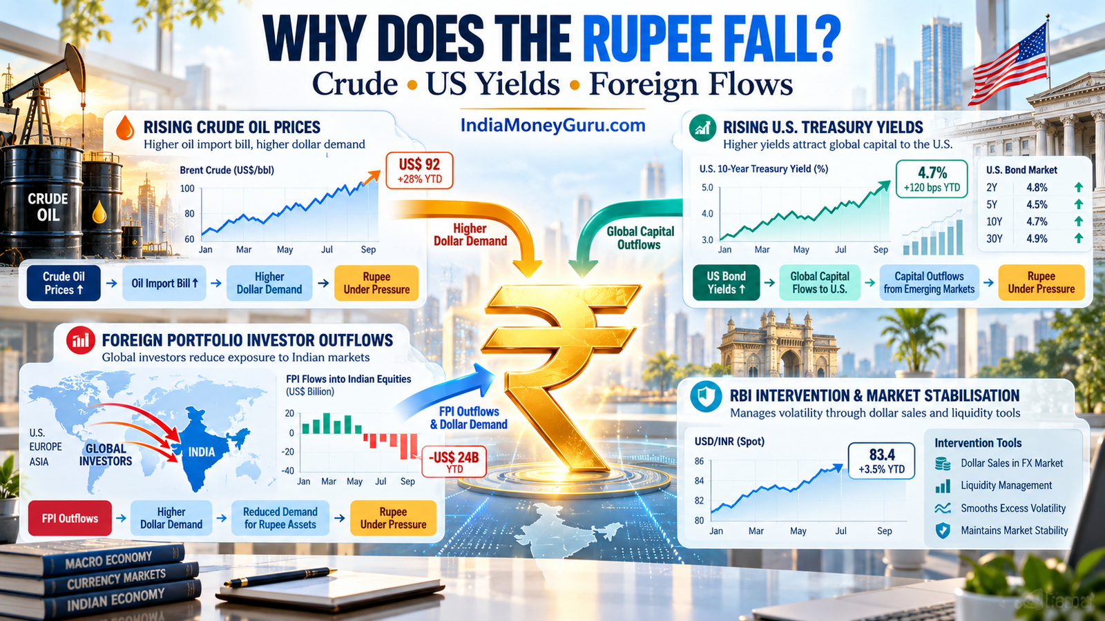 Why Indian rupee falls due to crude oil, US bond yields and FPI outflows.