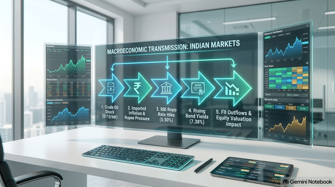 Macroeconomic transmission diagram illustrating crude oil shocks, RBI repo rate hikes, bond yields, and equity market impacts
