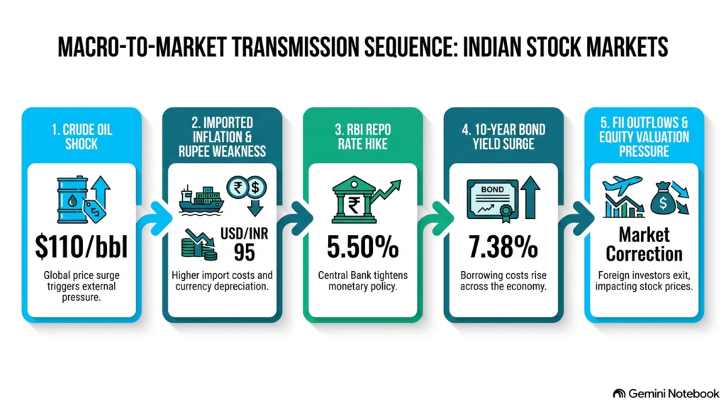 Inline flowchart showing the 5-step macro transmission sequence from $110 crude oil to Indian equity market valuations
