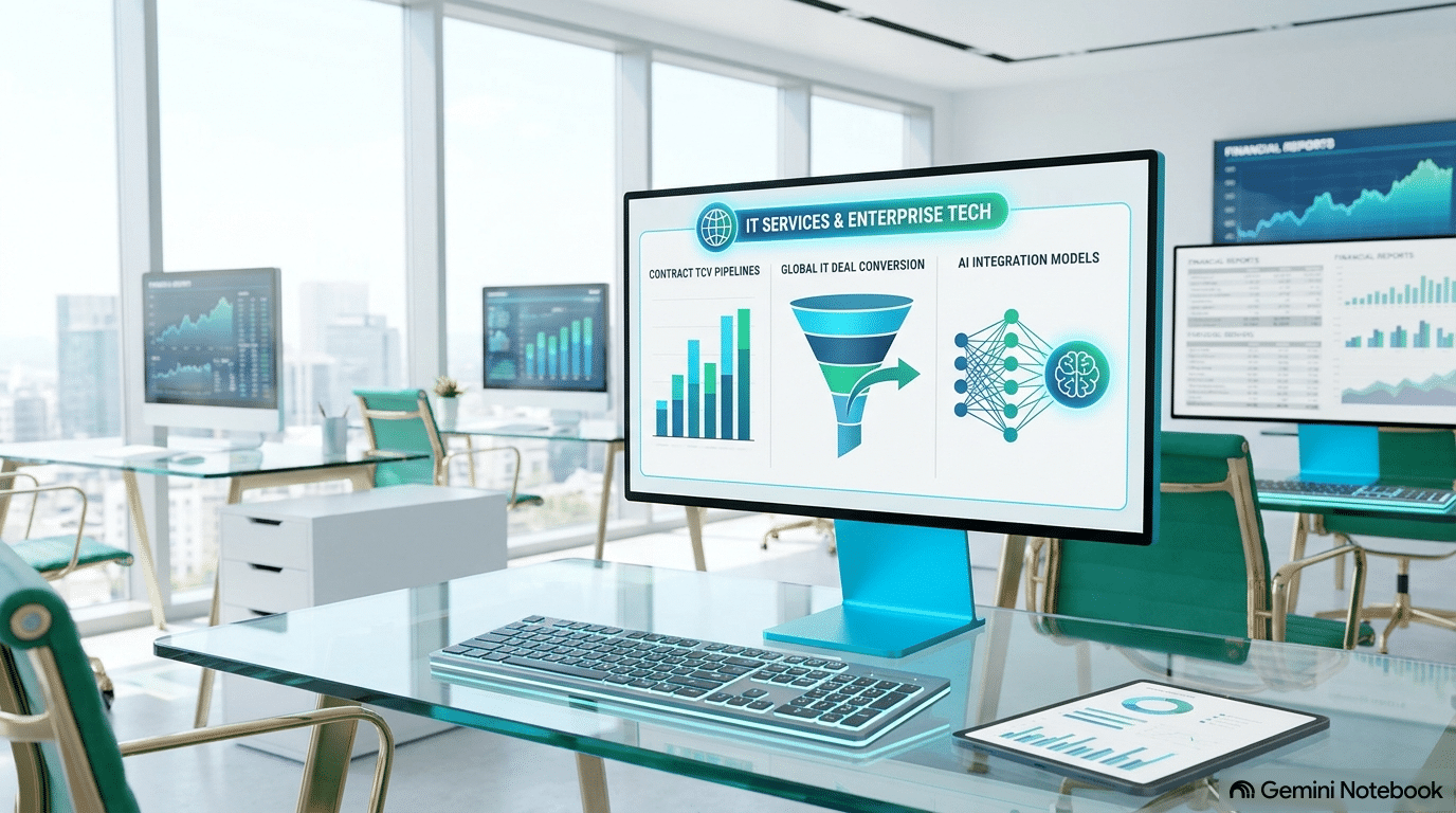 Institutional financial research dashboard illustrating Indian IT sector deal wins, total contract value conversion, and enterprise AI revenue metrics.